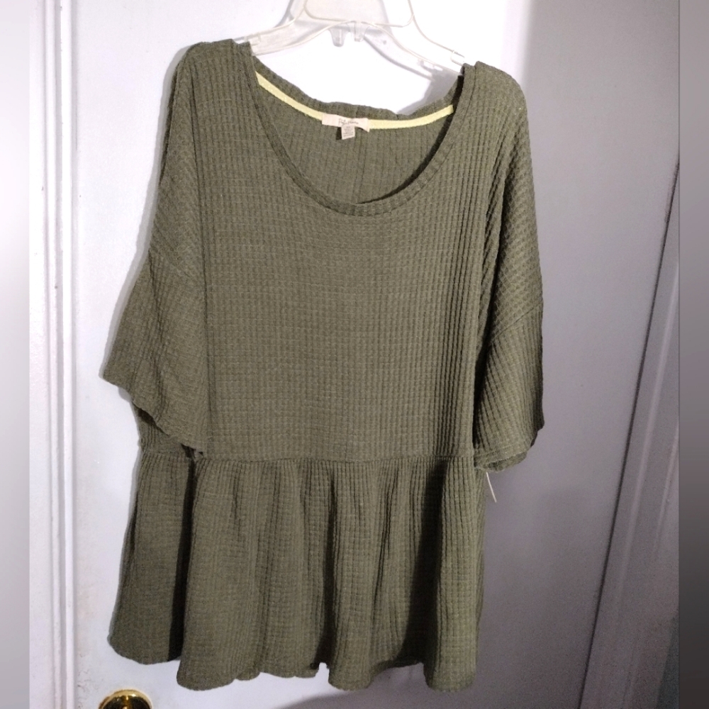 Payton Primrose, Woman's, Olive Green, Waffle Weave, Ruffle Top.